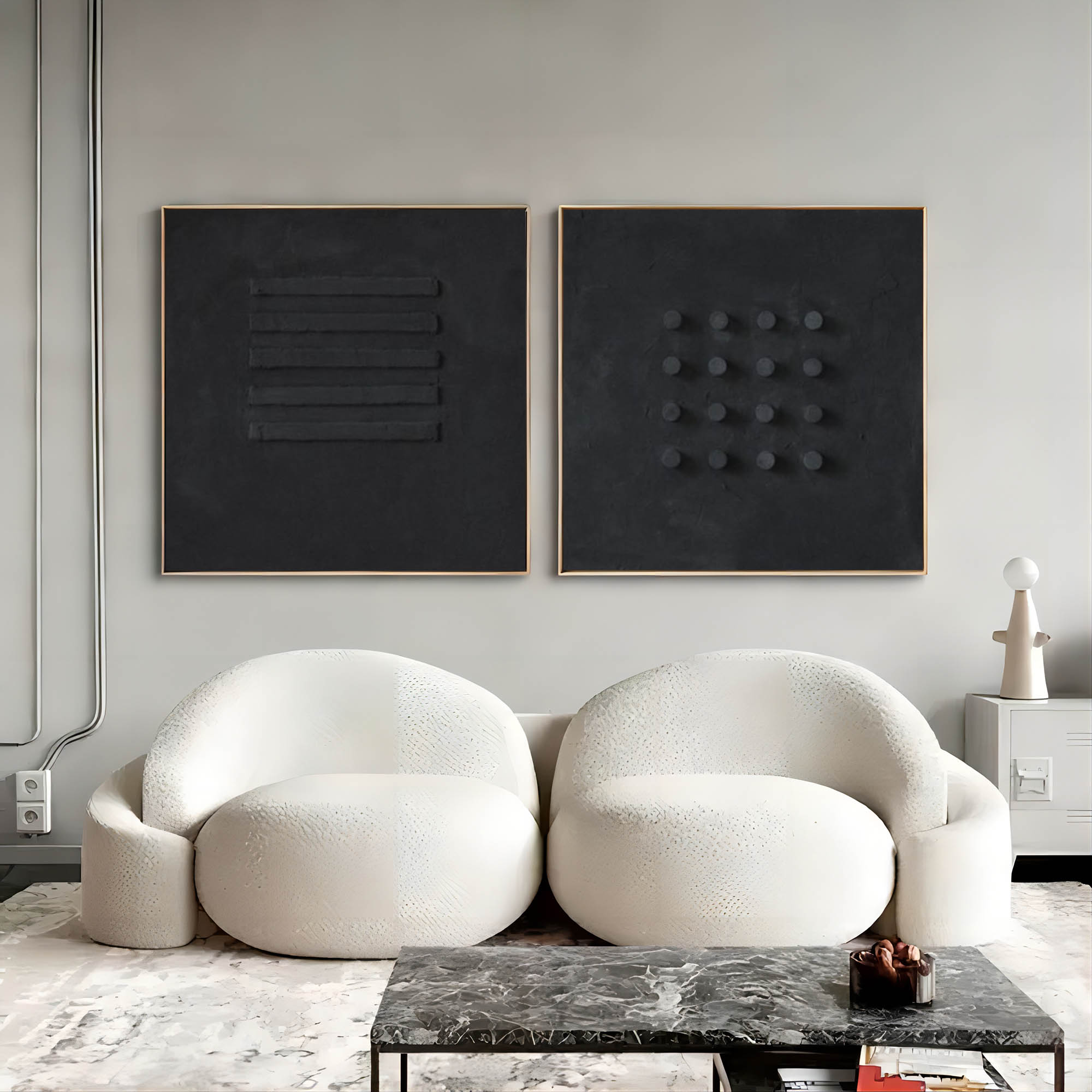 3D Black Textured Abstract Canvas Art Set of 2 Wabi Sabi Wall Art Black Minimalist Painting for Sale