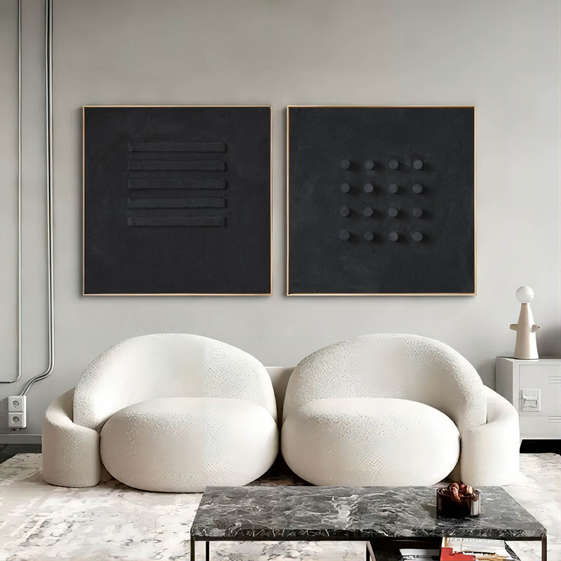 3D Black Textured Abstract Canvas Art Set of 2 Wabi Sabi Wall Art Black Minimalist Painting for Sale