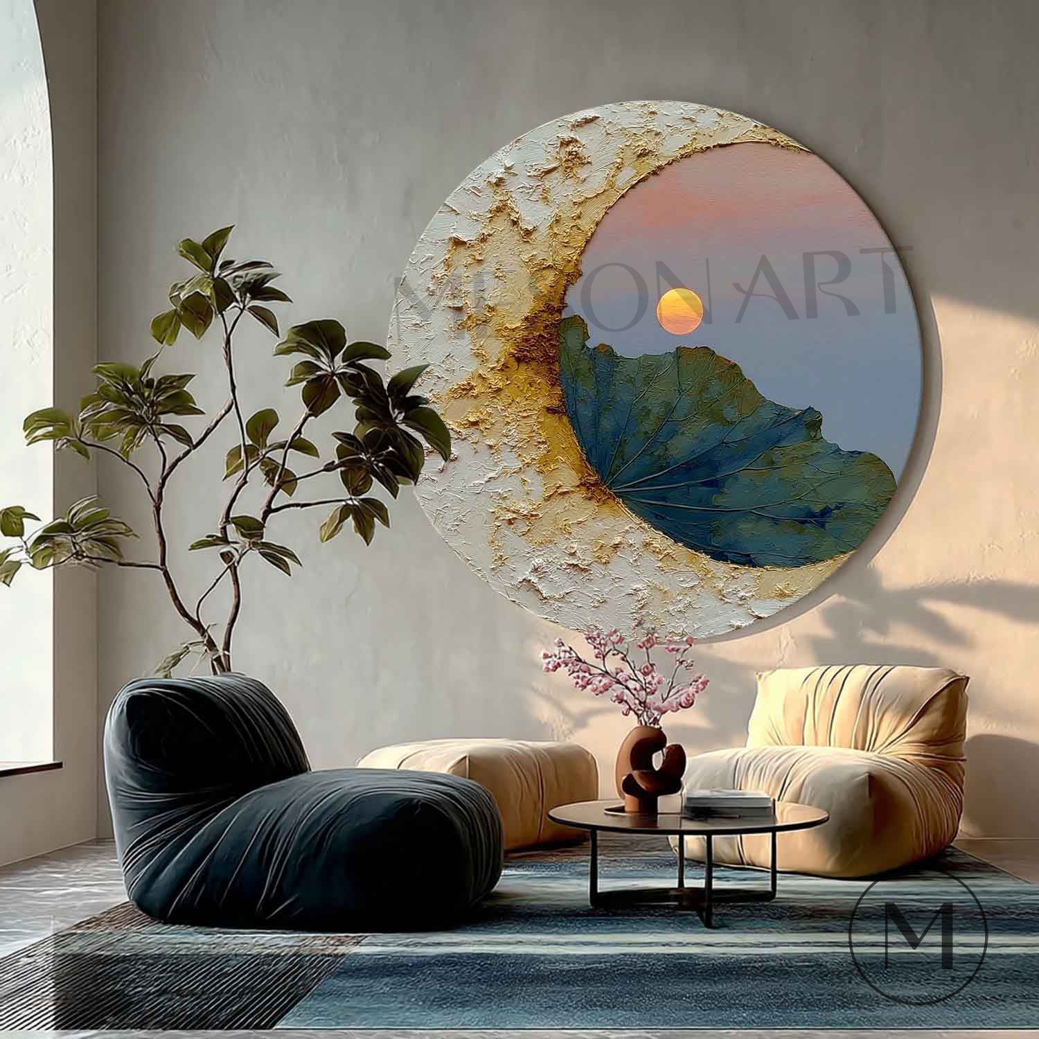 Moon Art on round canvas,Zen Sunset Botanical Wall Art,Painting,WABI-SABI Art