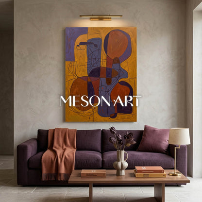Contemporary Abstract Art With Ochre And Indigo For Modern Living Room Decor