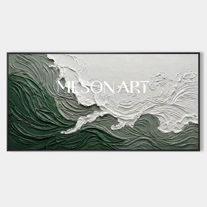 Panoramic White And Green Bedroom Wall Painting  Green Abstract Art Canvas