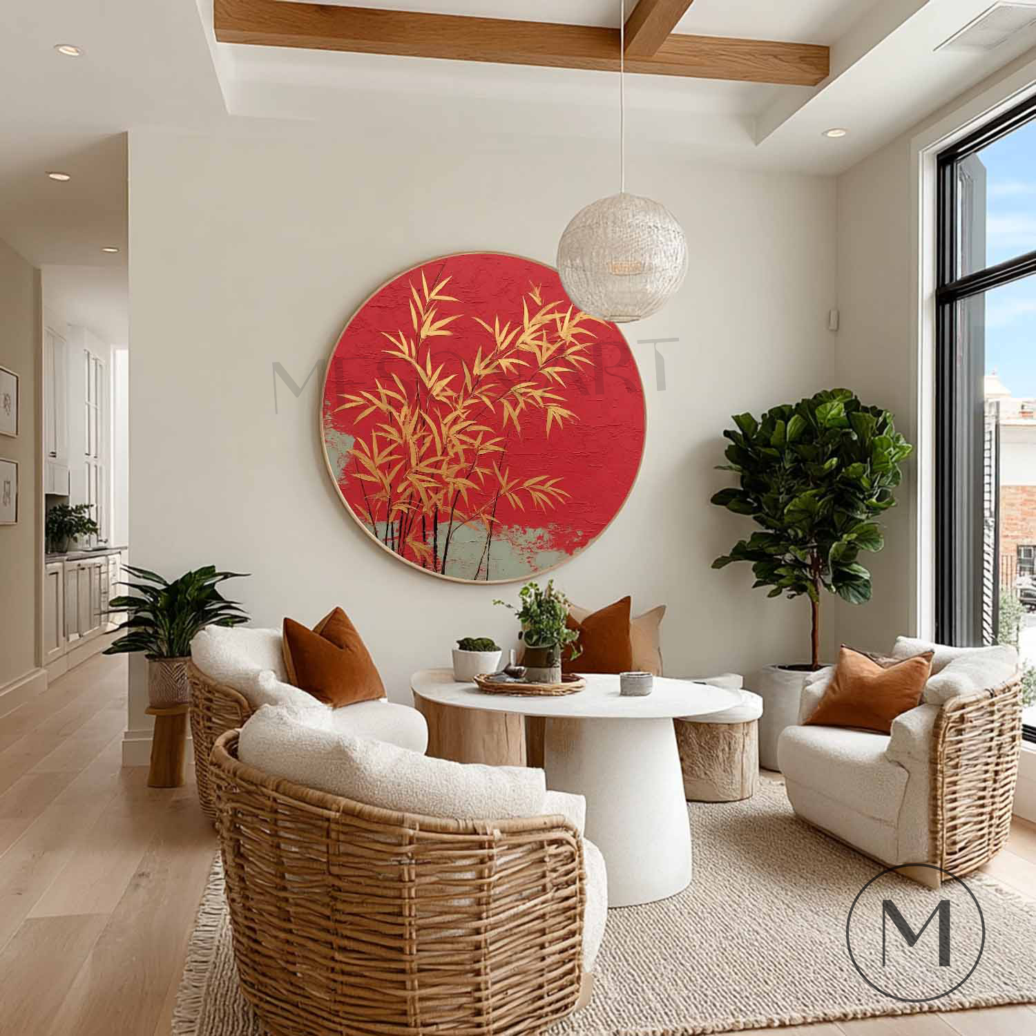 Luxury Round Wall Art with Bamboo Oriental Minimalist Zen Gold Bamboo on Red Textured Canvas