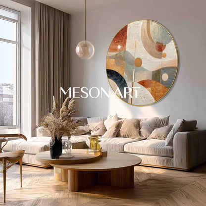 Beige, Blue & Terracotta Abstract Round Canvas – Modern Wall Art