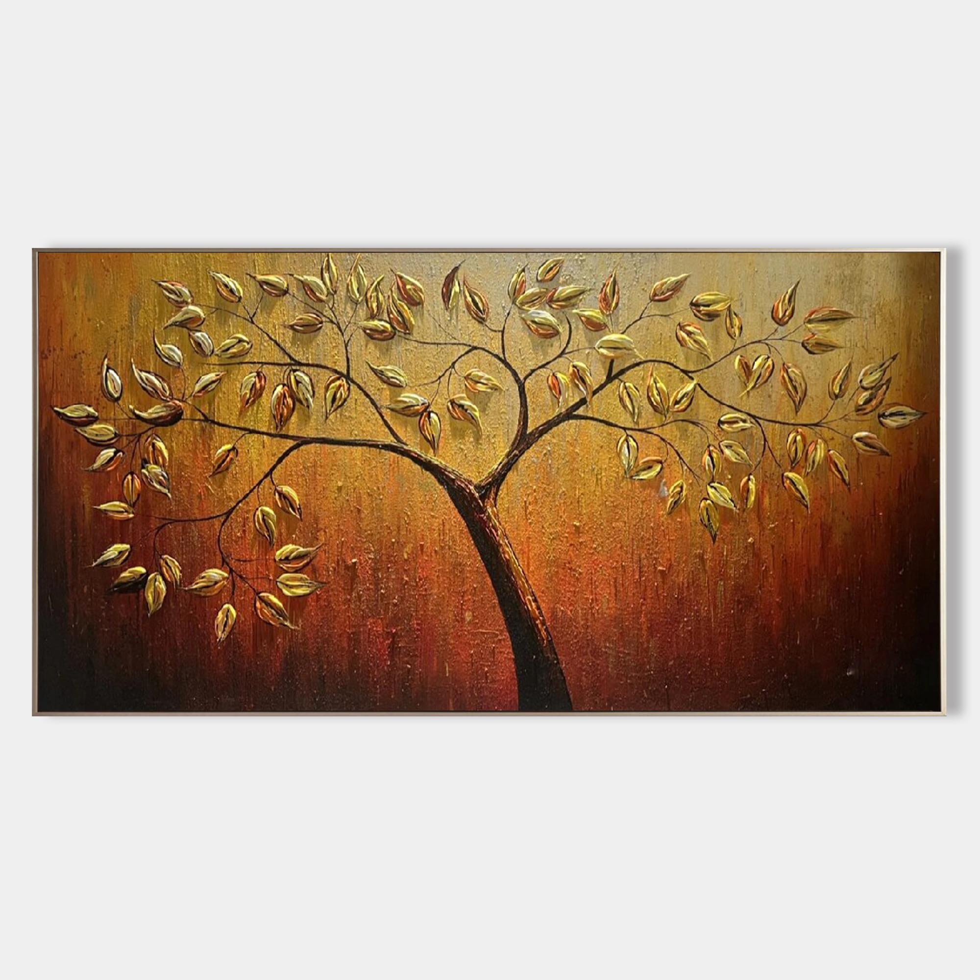 Large 3D Dold Leaf Tree Wall Art Decor Golden Leaf Tree Wall Decoration Hanging Painting Gold Leaf Tree Canvas Art