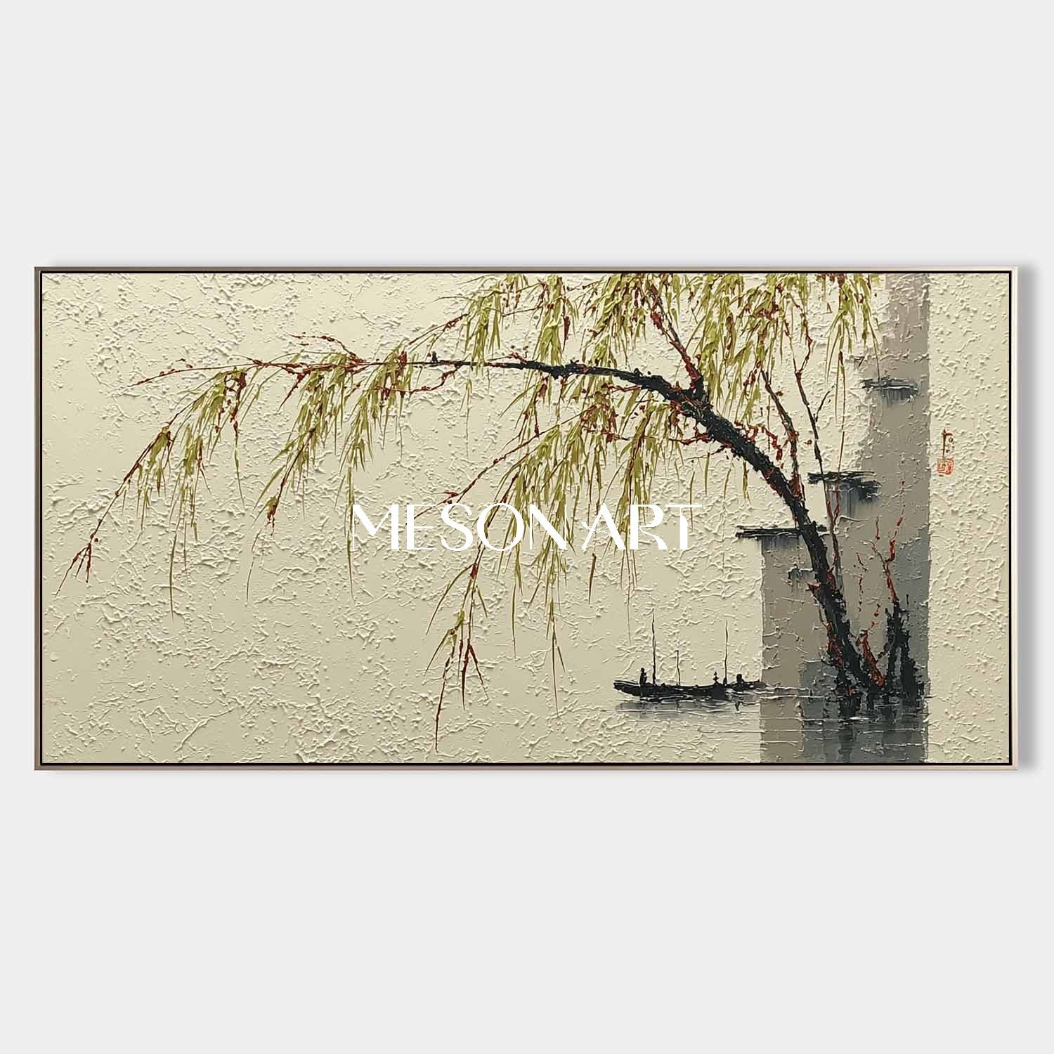 Minimalist Willow Landscape in Ink-Wash Style – Framed Wall Art | Mesonart