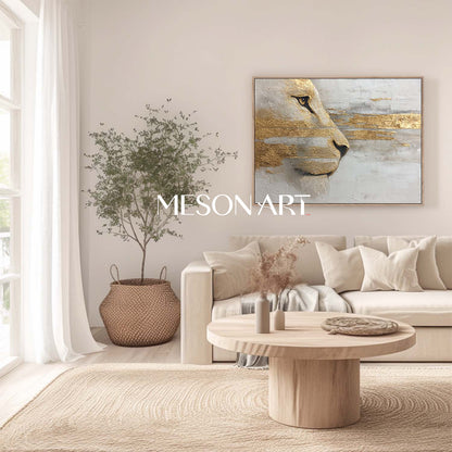 Large Lion Canvas Wall Art Hand-Painted Golden Abstract Animal Painting