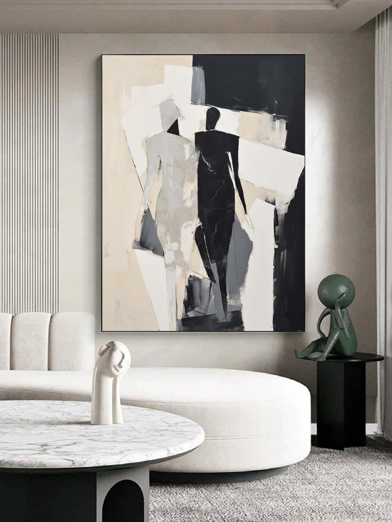 Black and Beige Couple Minimalist Wall Art Black and Beige Couple Abstract Texture Art Couple Pumping Painting on Canvas Contemporary Art