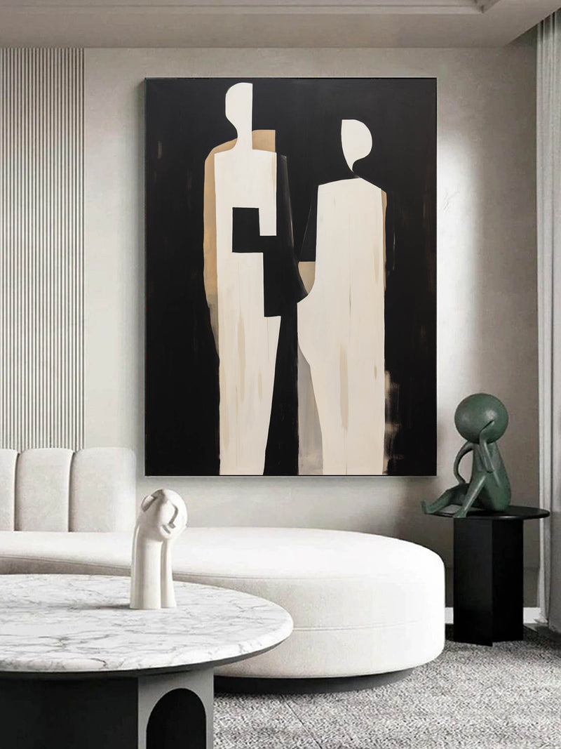 Black and Beige 2 People Abstract Art Canvas Black and Beige Minimalist Abstract Figure Painting Abstract People Minimalist Wall Art Decor