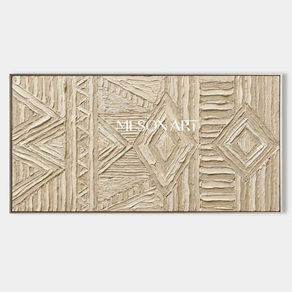 Panoramic Beige Tribal Geometric Art | 3D Textured Relief Decor