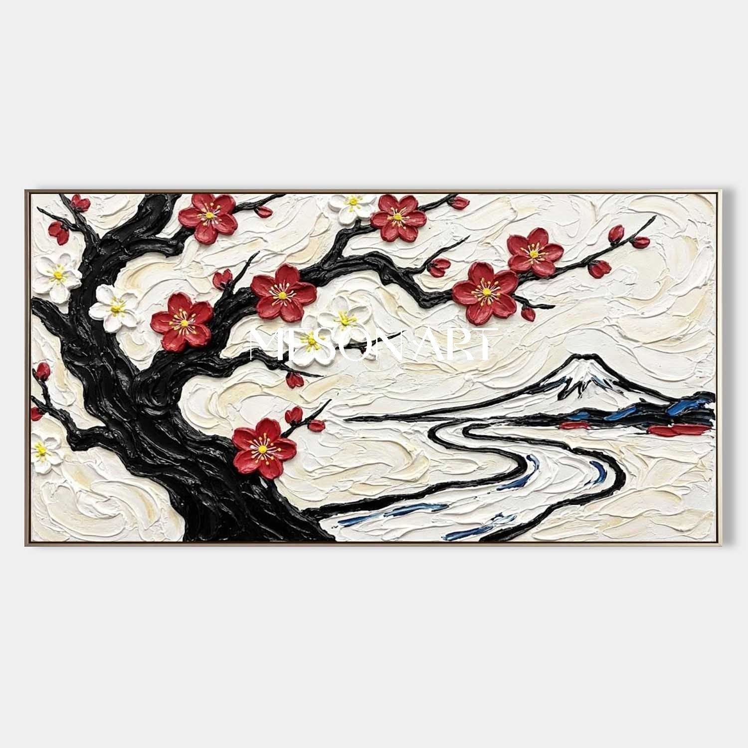 3D Textured Plum Blossom & Mount Fuji Oil Painting | Impasto Canvas Wall Art | MesonArt