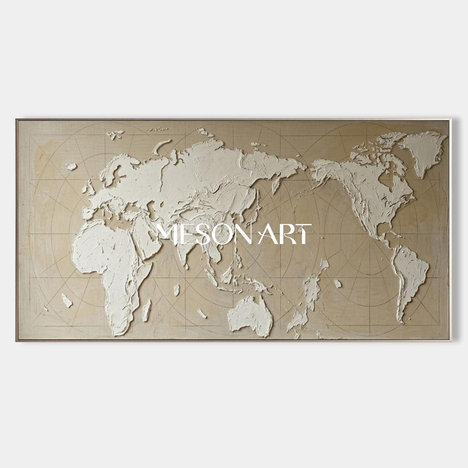 3D Plaster Textured World Map Canvas Art, Gold Framed Wall Painting