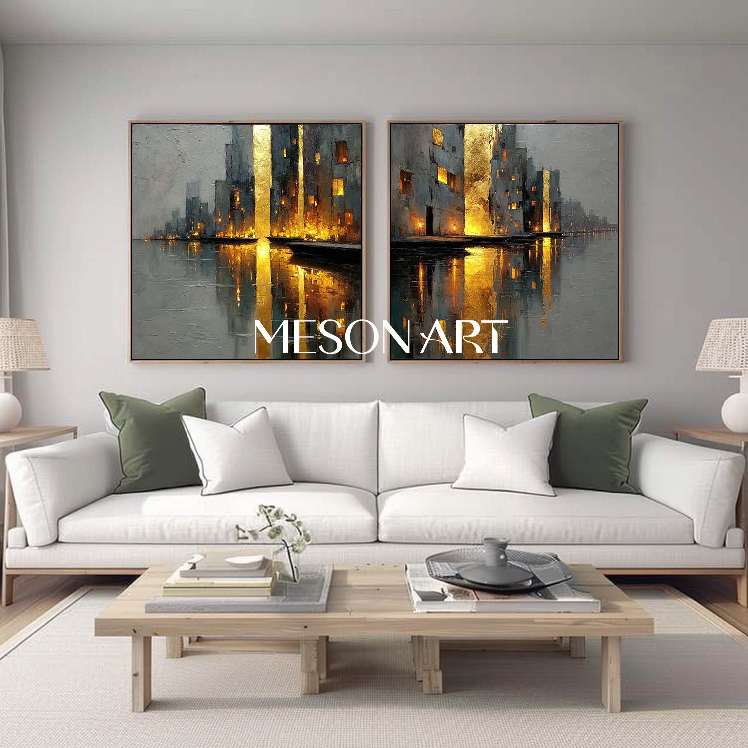 Large Abstract Gold and Grey Cityscape Wall Art Set of 2 Modern Textured Canvas Paintings