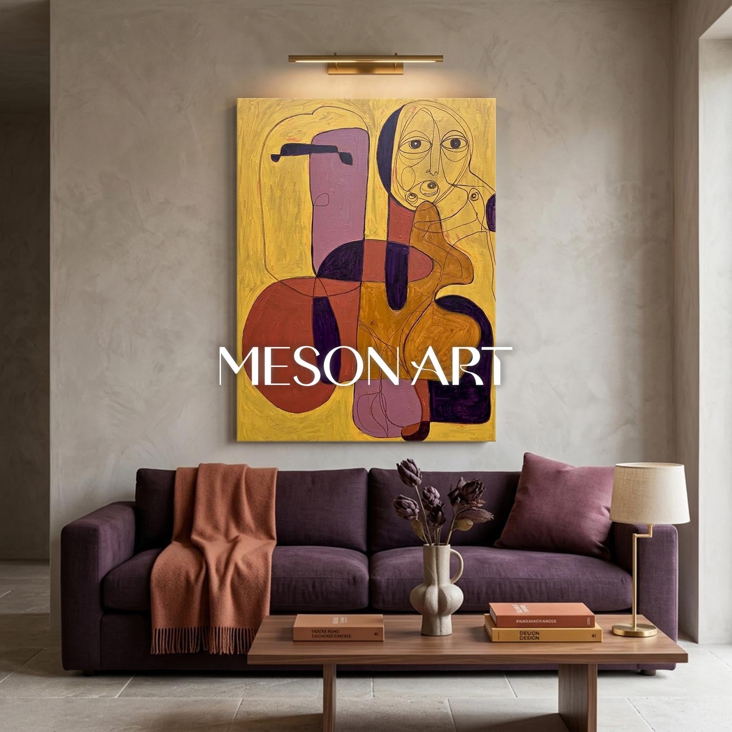 Contemporary Abstract Painting With Gold And Purple Hues For Modern Home Decor