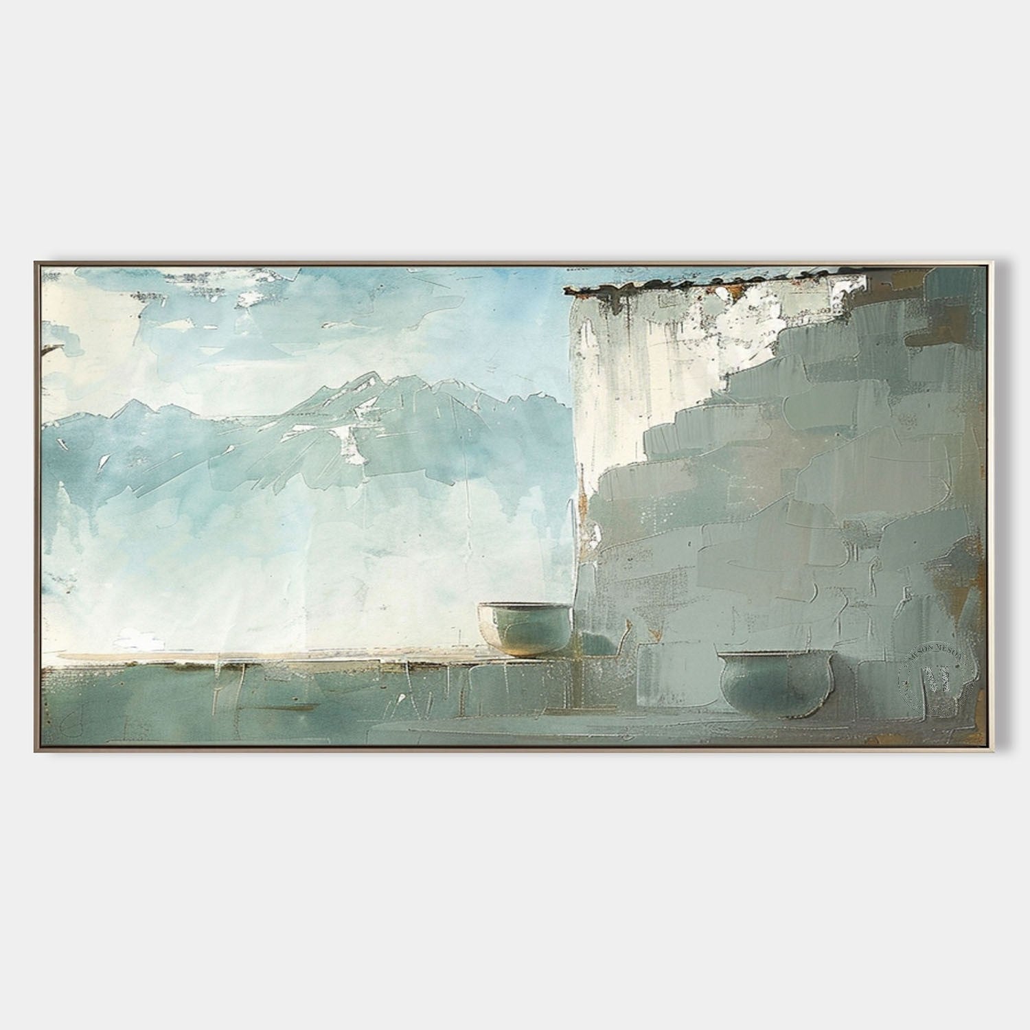 Large Green and Grey Landscape Canvas Art for Sale Wabi-Sabi Wall Art Green Landscape Painting