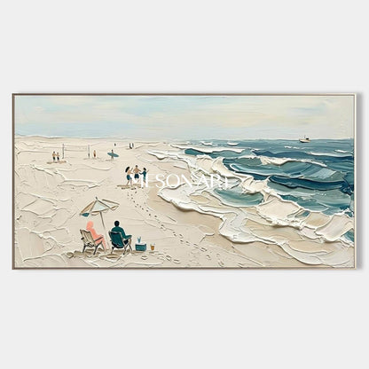 Sandy Beach Painting Beach Ocean Waves Painting Textured Wall Art Large Framed Canvas Ready To Hang Panoramic