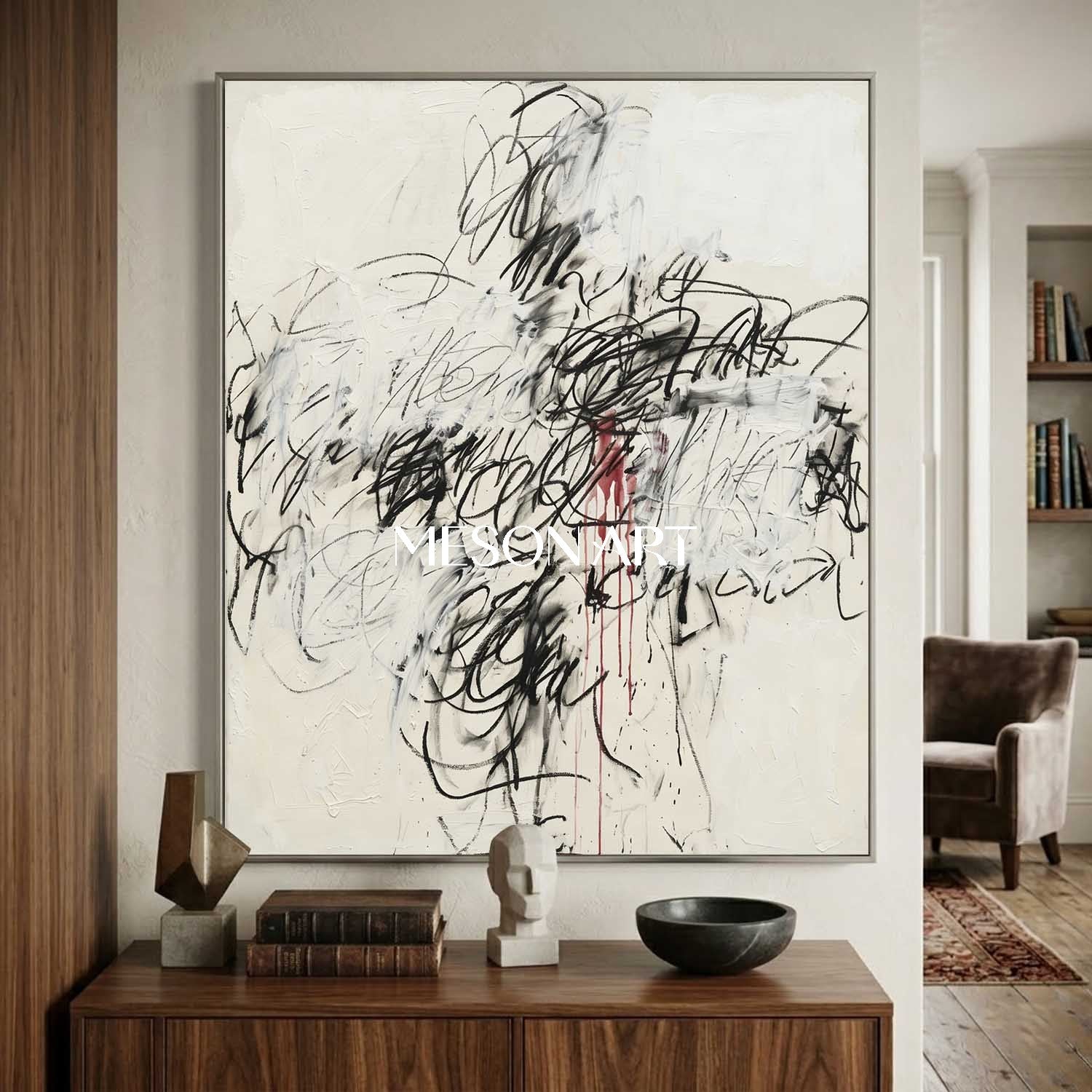 オリジナルの黒と白の抽象画の大きなテクスチャーのアートオフィス