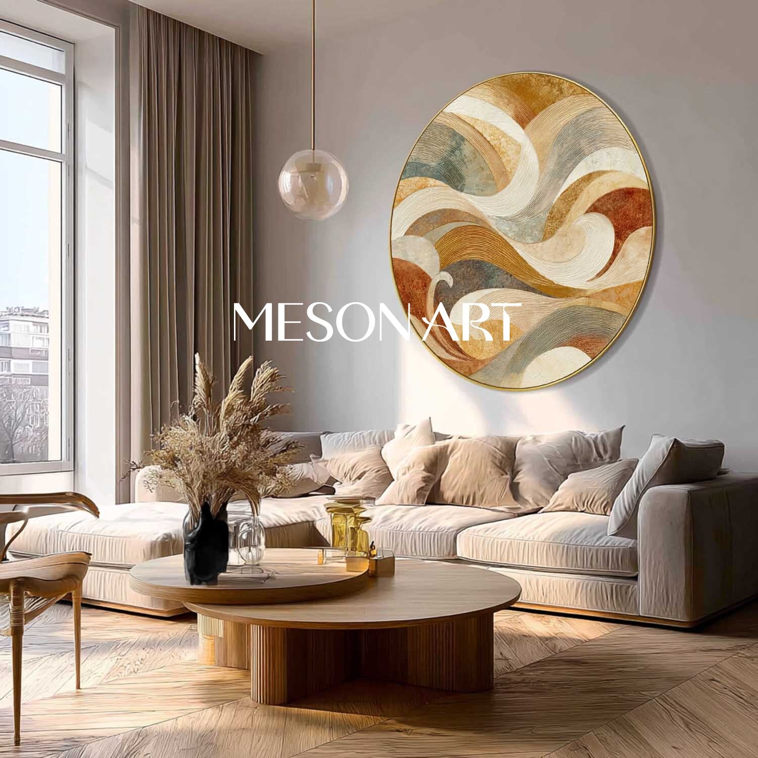 Modern Wave Abstract Wall Art – Earthy Tone Wave-Inspired Round Canvas