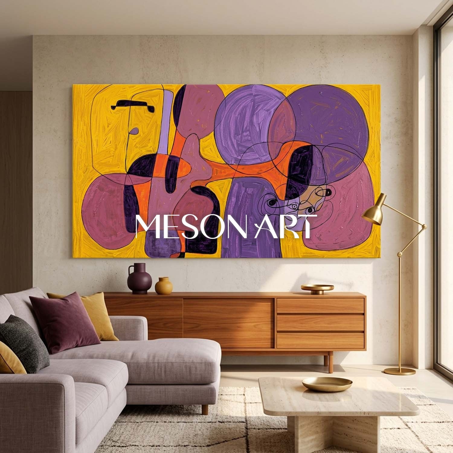 Contemporary Abstract Art With Purple And Yellow Tones For Modern Home Decor