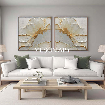 Large Gold and White Plaster Canvas Wall Art Set of 2 Textured Flower Paintings for Modern Decor