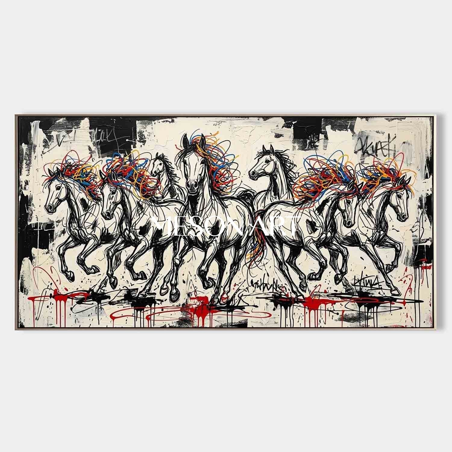 Large Bold Running Horses Canvas Art Contemporary Graffiti Wall Painting