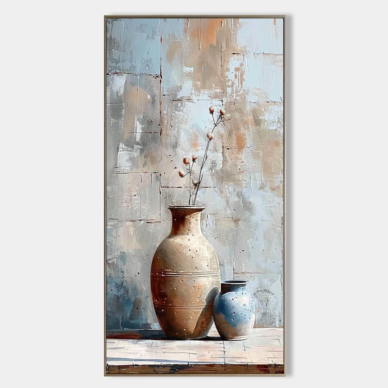 Earthy and blue Clay Jar Vase Canvas Art for Sale Clay Jar Vase Artwork Clay Jar Still Life Painting