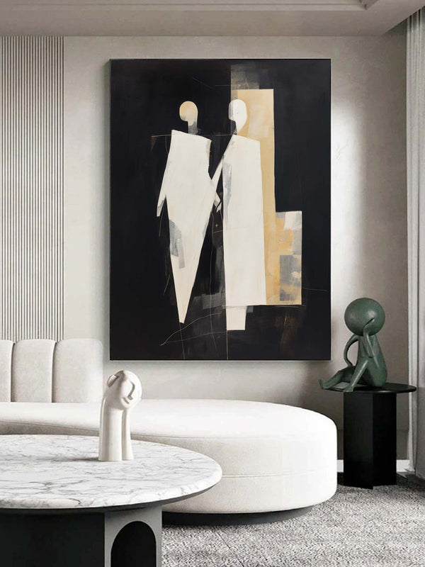 Black and Beige Textured Abstract Art Canvas Black and Beige Minimalist Painting Contemporary Abstract Canvas Art People Canvas Wall Art