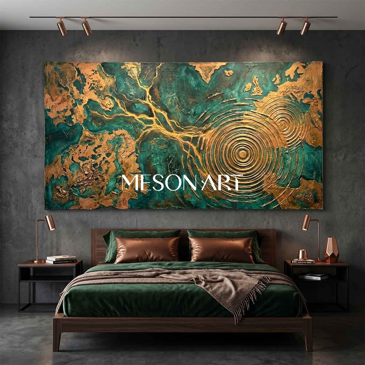 Large Green And Gold Abstract Painting With Textured Relief For Modern Living Room Decor