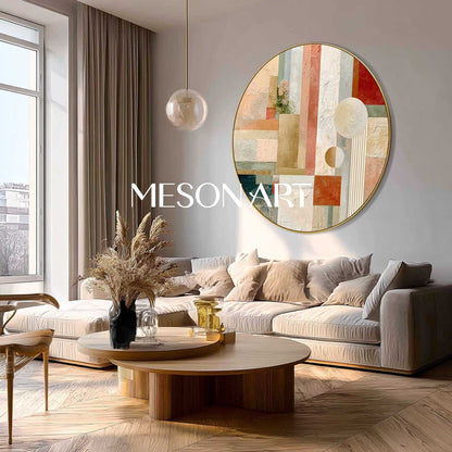 Large Round Abstract Wall Art – Neutral Beige & Gold Canvas