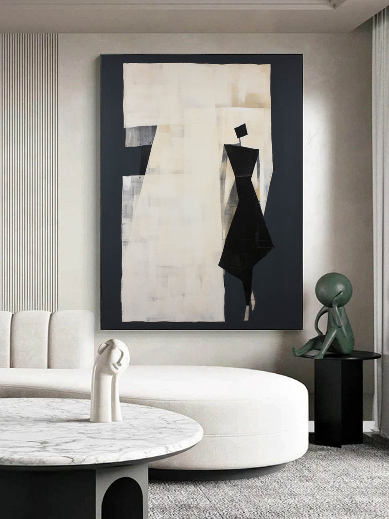 Black And Beige Minimalist Oil Painting Black And Beige Minimalist Wall Art Black And Beige Abstract People At Beige Abstract Art On Canvas