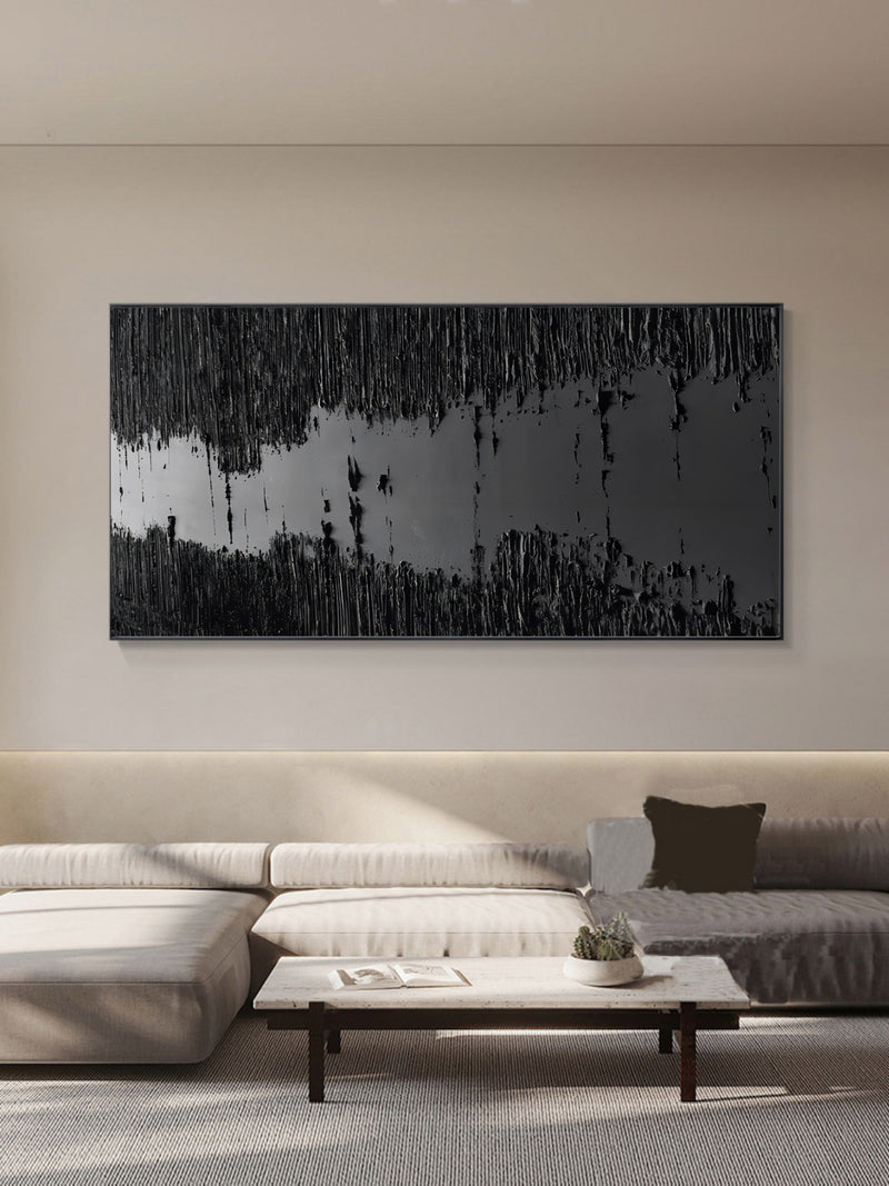 Large 3D Black Abstract Art Canvas Black Textured Wall Art Black Textured Acrylic Painting Living Room Painting