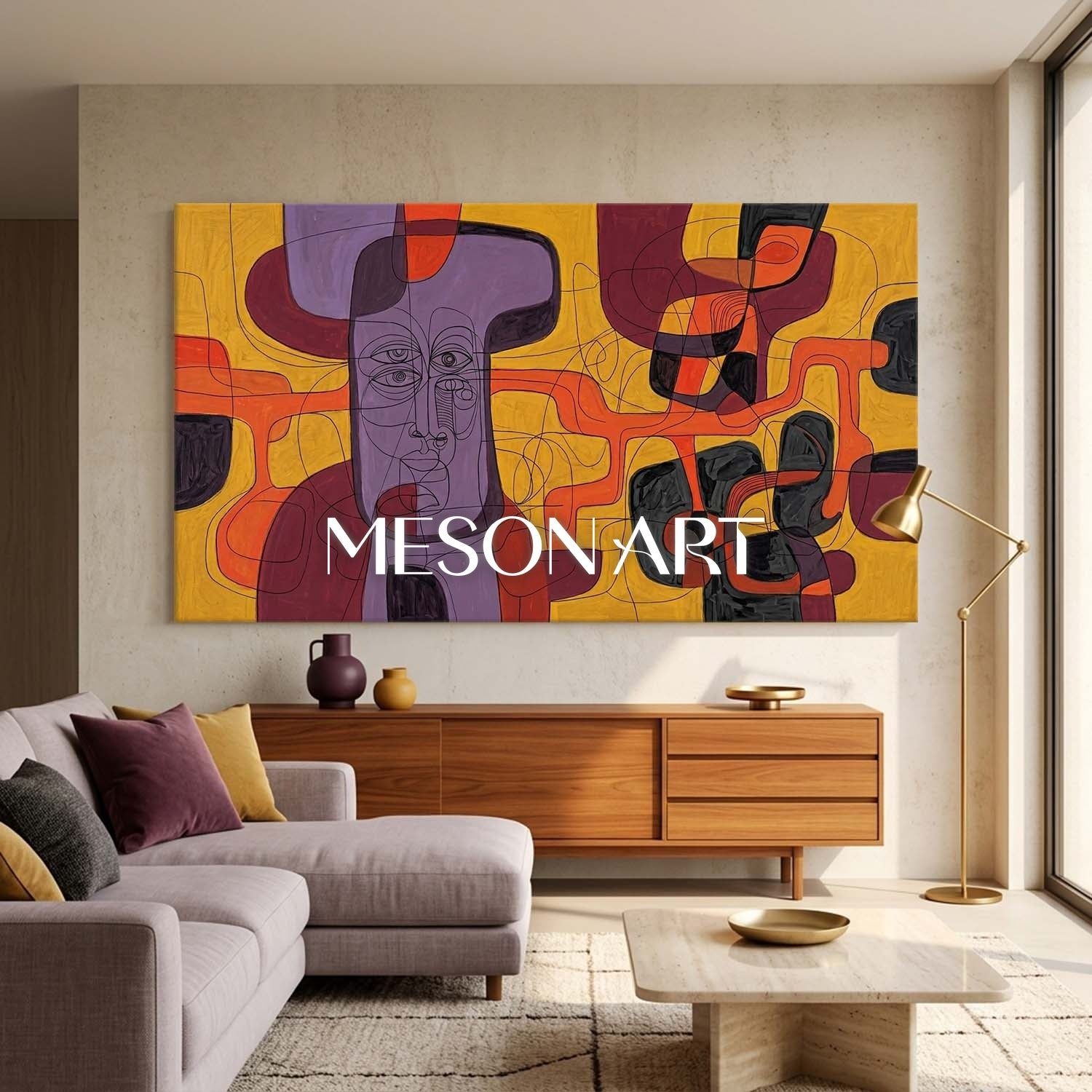 Contemporary Abstract Portrait Painting With Purple And Orange Tones For Modern Living Room Decor
