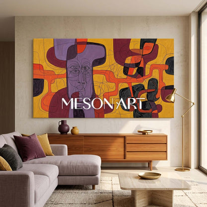 Contemporary Abstract Portrait Painting With Purple And Orange Tones For Modern Living Room Decor