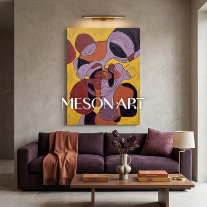 Contemporary Abstract Painting With Vibrant Yellow And Purple Hues For Modern Home Decor