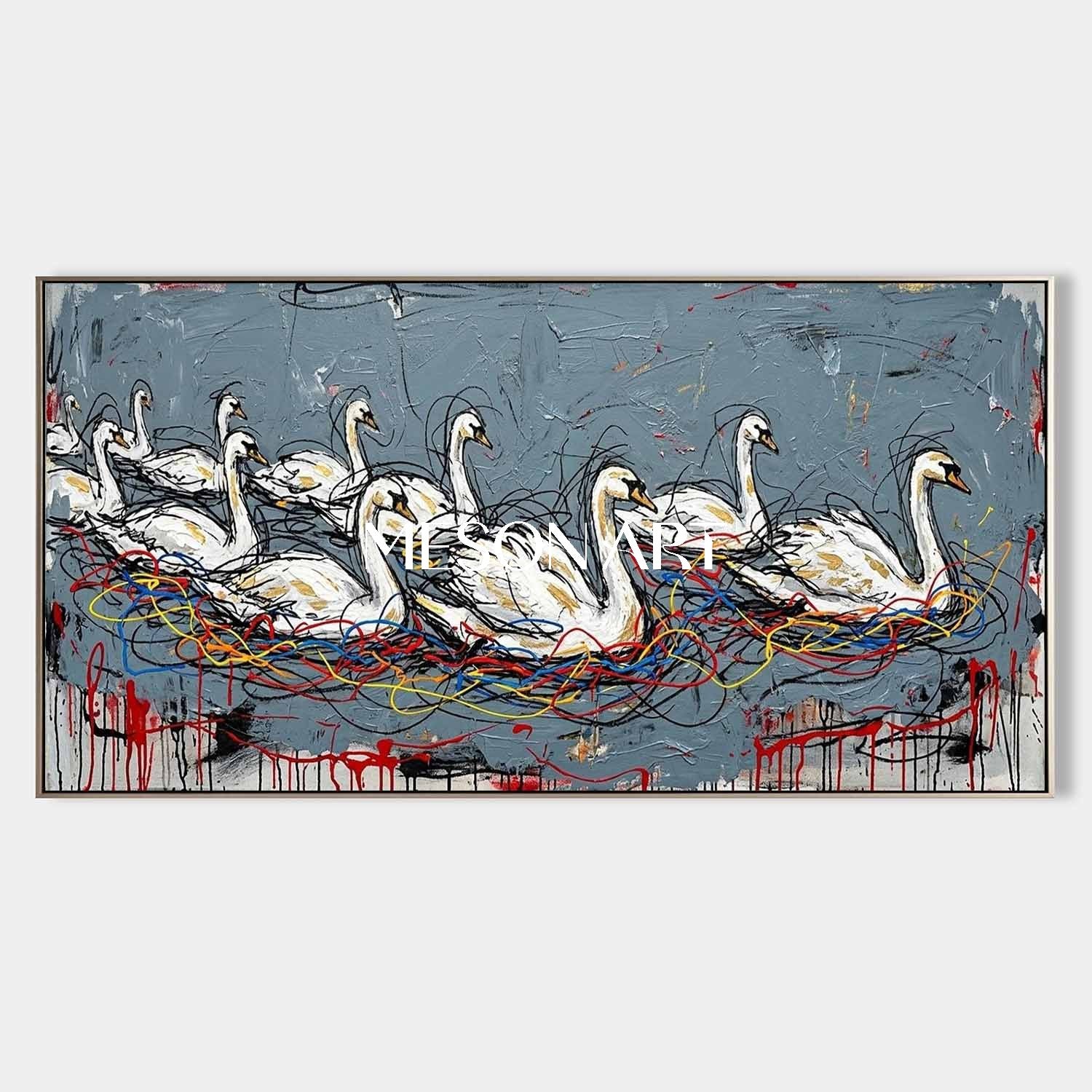Large Abstract Textured Swan Oil Painting on Canvas by MesonArt - Modern Grey and White Expressive Wall Art