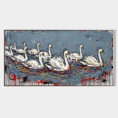 Large Abstract Textured Swan Oil Painting on Canvas by MesonArt - Modern Grey and White Expressive Wall Art