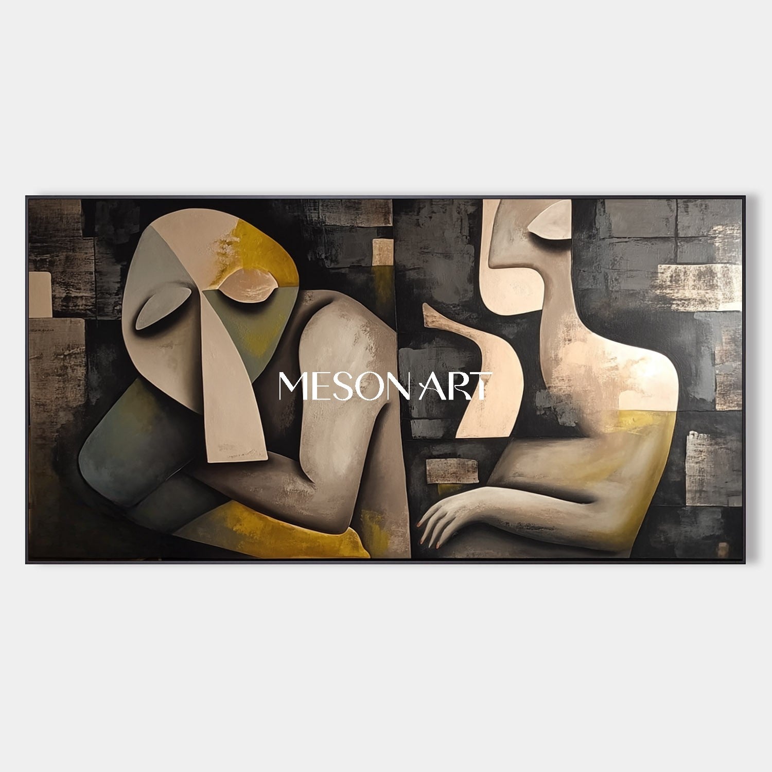 Large Picasso Style Abstract Cubism Wall Art Black Textured Painting