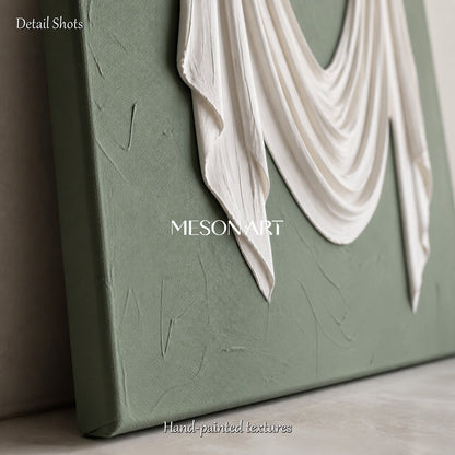 Green And White Sculptural 3D Textured Wall Art Rectangular Original Artist Hand Painted By Mesonart