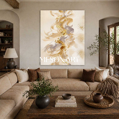 Gilded Abstract Painting With Textured Beige And Gold For Modern Luxury Home Decor