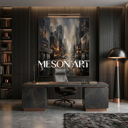 Abstract City Painting With Plaster Texture For Industrial Loft Living Room And Home Office Decor