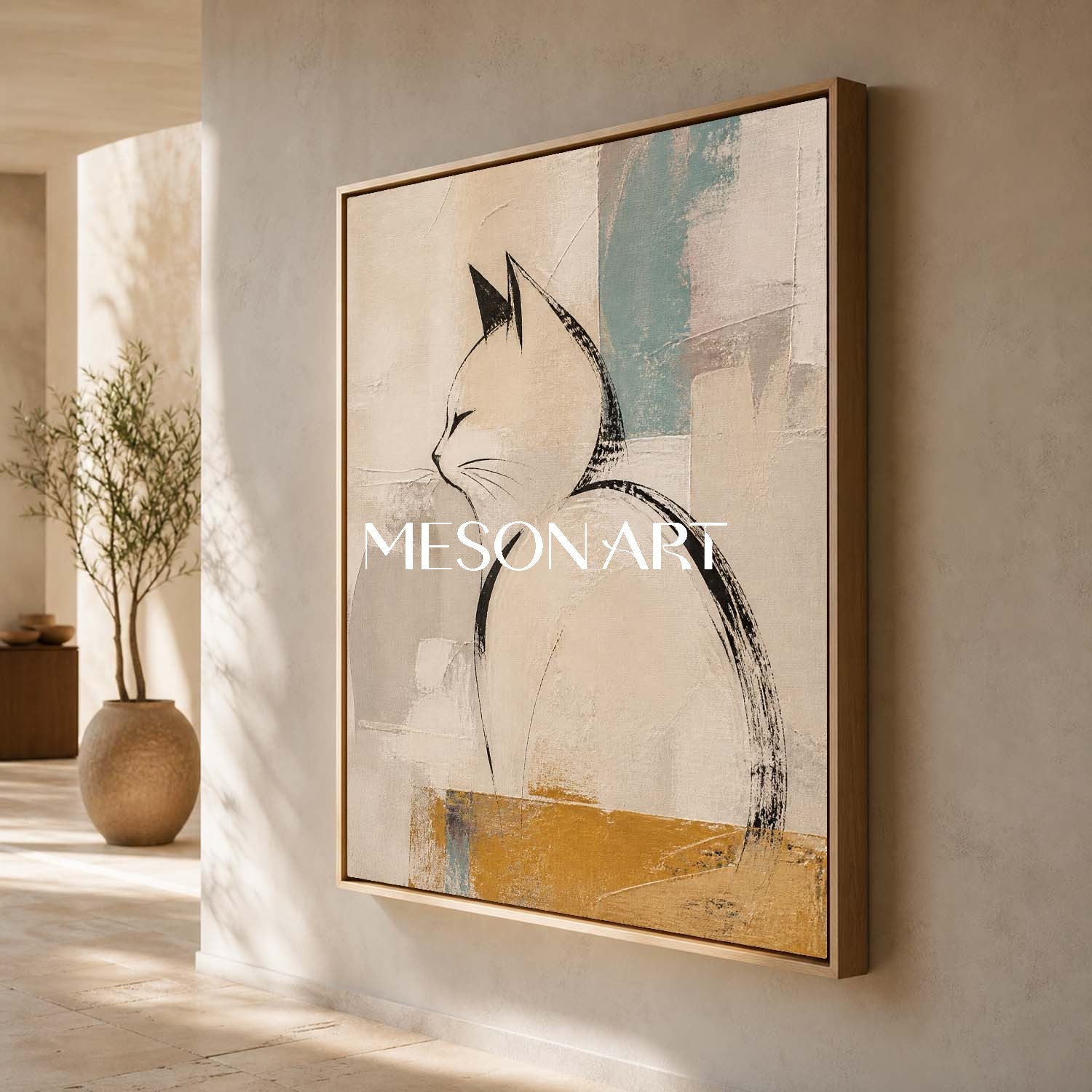 Minimalist Cat Wall Art In Beige And Black For Living Room Bedroom Decor