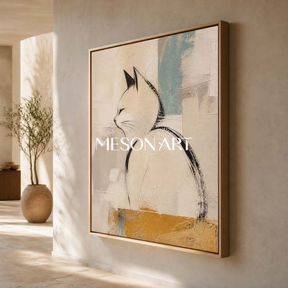 Minimalist Cat Wall Art In Beige And Black For Living Room Bedroom Decor