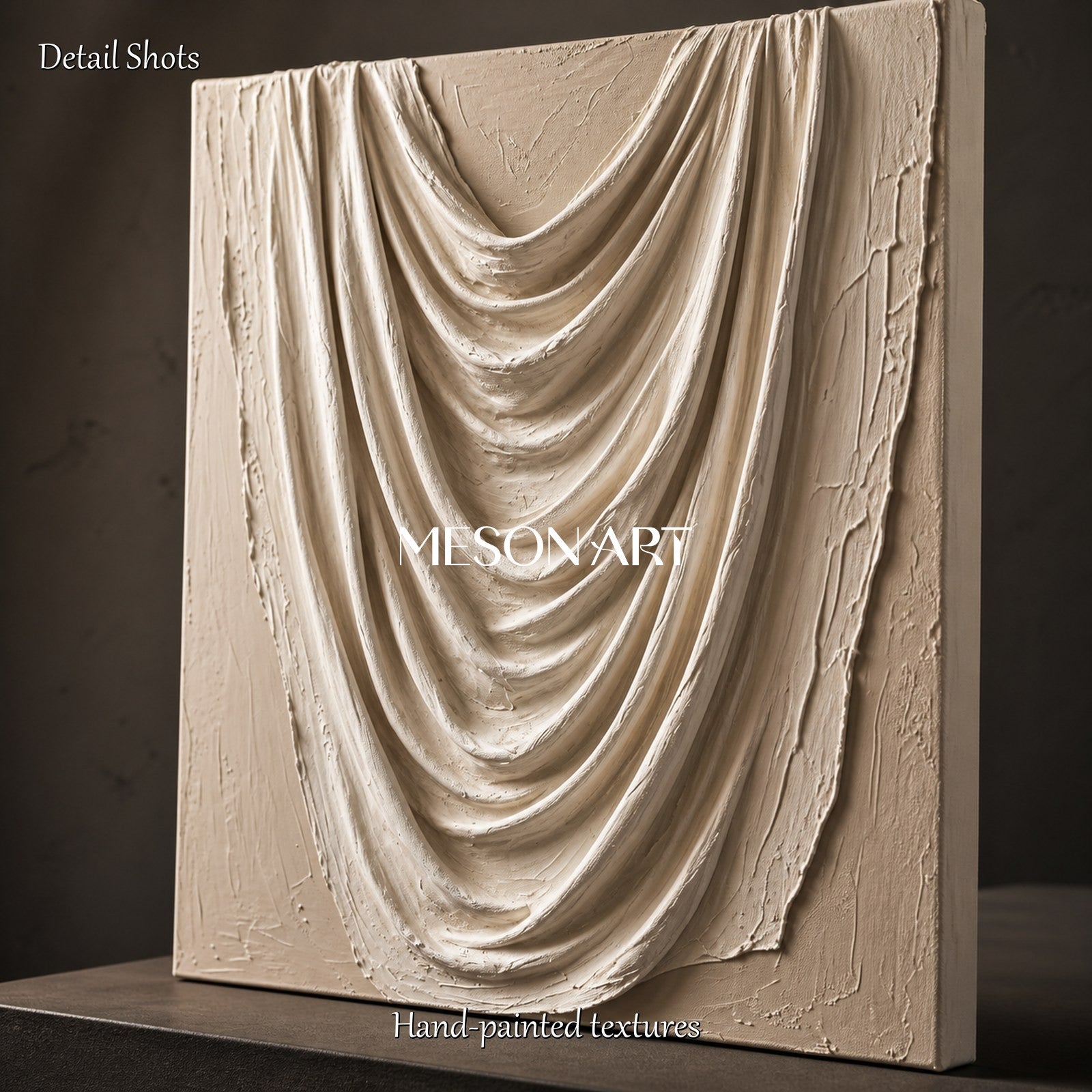 Beige And White Plaster Relief Art Modern Sculptural Wall Decor Rectangular Canvas By Mesonart