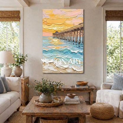 Luxury Coastal Pier Sunset Painting With Thick Impasto Waves For Living Room And Bedroom Decor