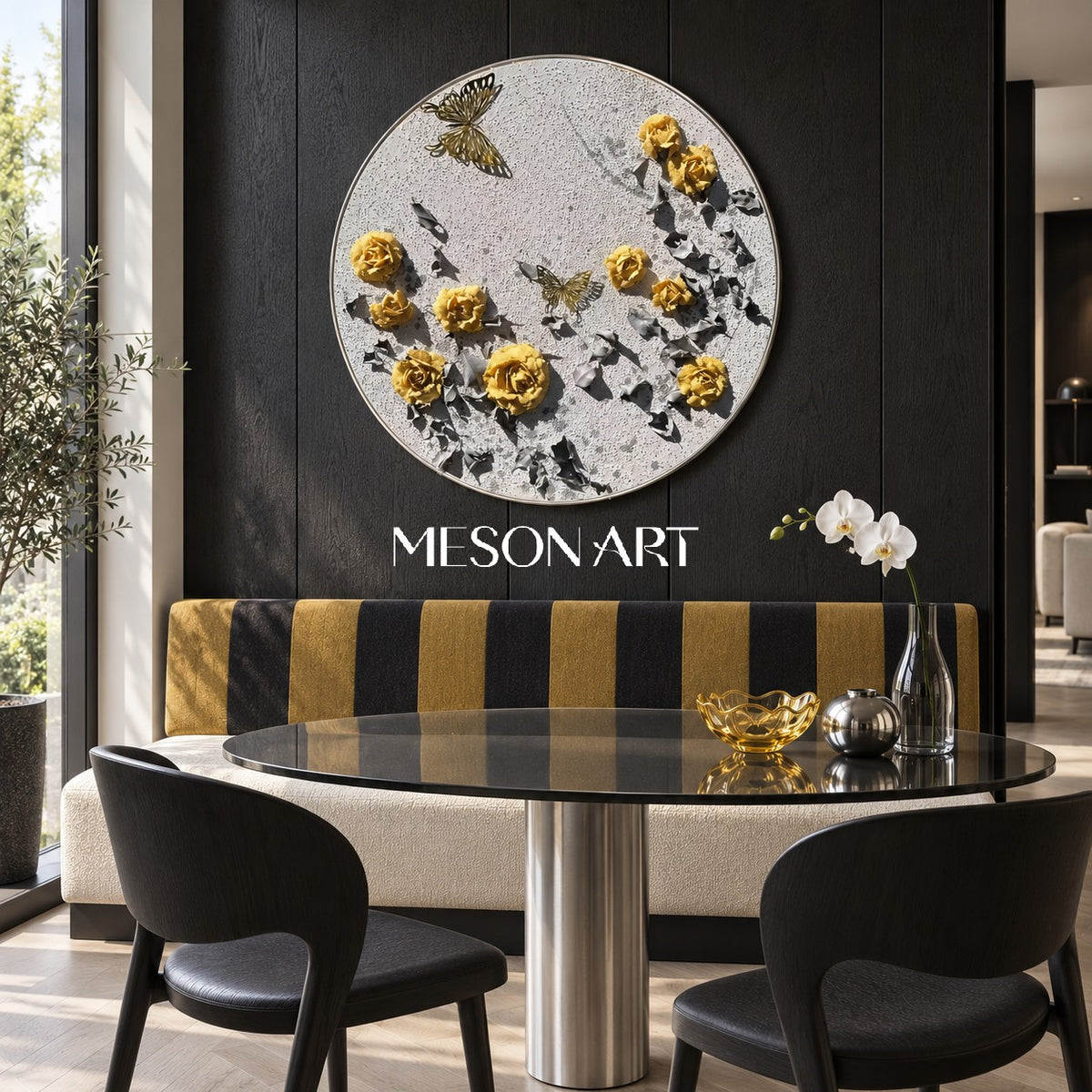 Yellow And Gray Botanical Impression Painting Circular Wall Art Original Hand Painted By Mesonart
