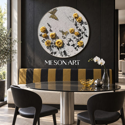 Yellow And Gray Botanical Impression Painting Circular Wall Art Original Hand Painted By Mesonart