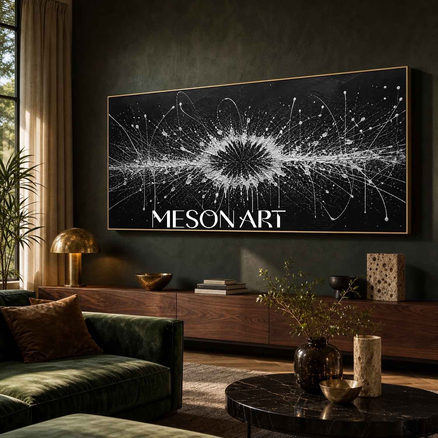Pollock Abstract Style Black White Painting With Fluid Motion For Modern Living Room