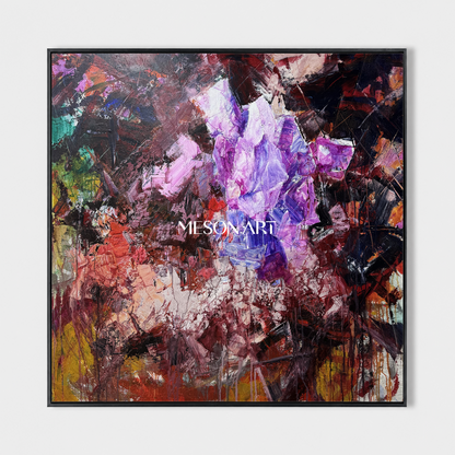 Original Purple Crystal Painting, Heavy Texture Abstract Canvas, Luxury Living Room Wall Decor, Modern Impasto Oil Artwork, Sculptural Strokes Art Piece, Expressionist Colorful Centerpiece, Large Framed Square Artwork, 3D Plaster Mineral Decor, High End Collector Artwork, Dark Red Background Contemporary Art.