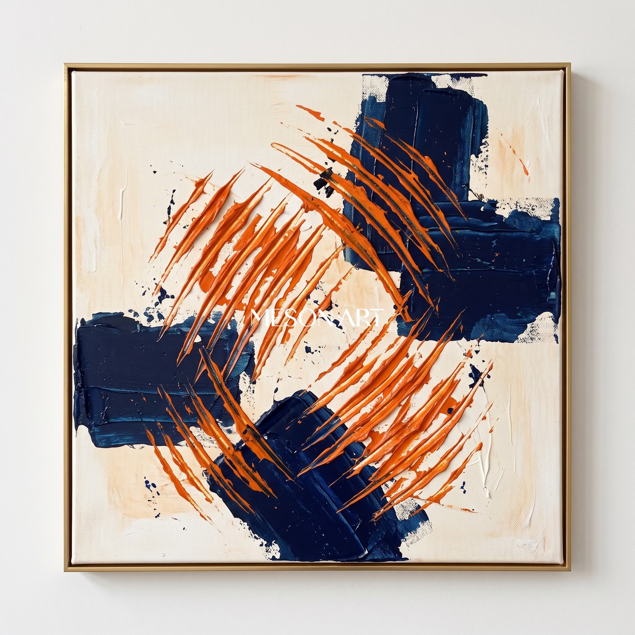 Blue And Orange Abstract Pollock Inspired Square Painting By Artist Wall Art For Living Room By Mesonart