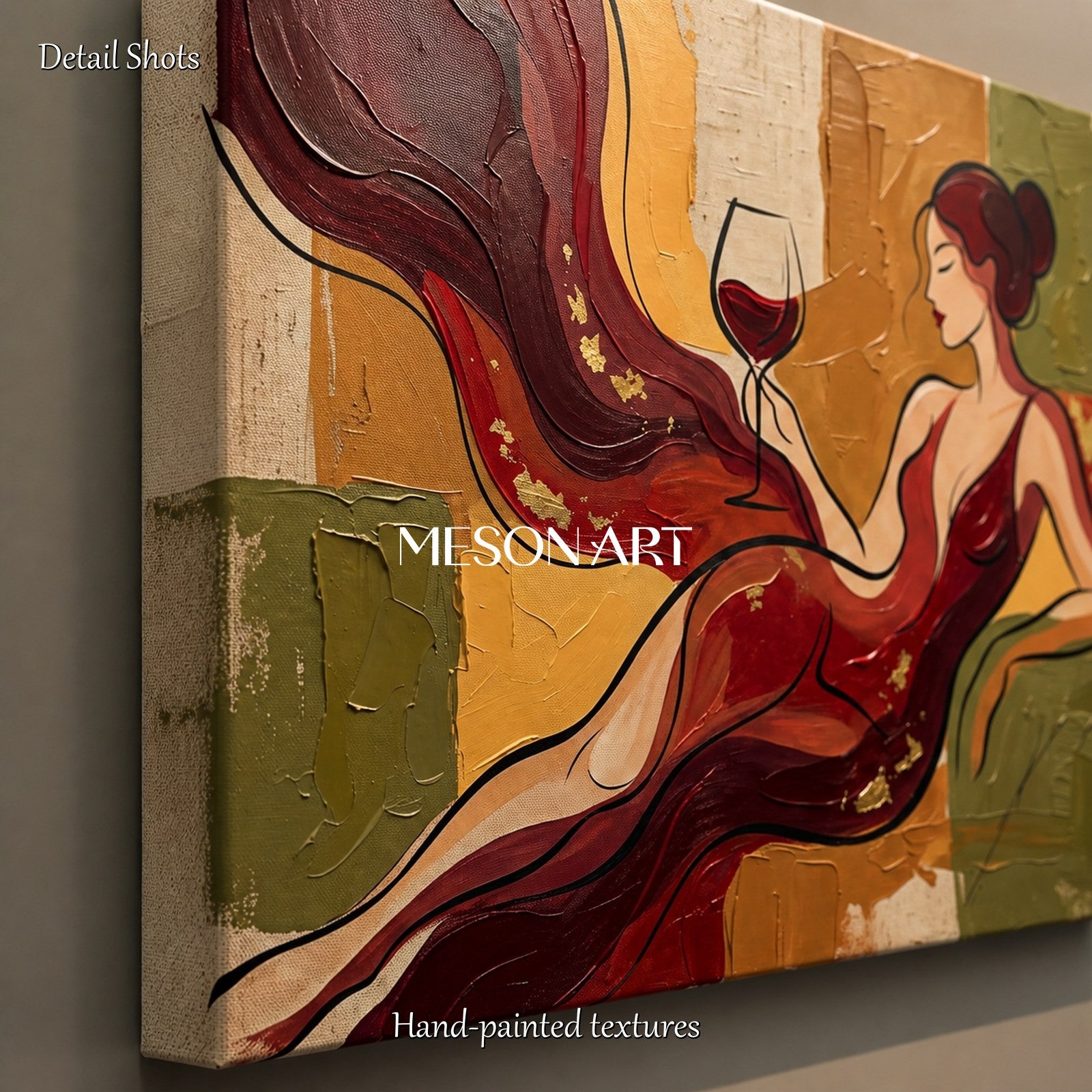 Red And Gold Painting Contemporary Art Wine Culture Original Artist Rectangular Wall Art For Dining Room By Mesonart