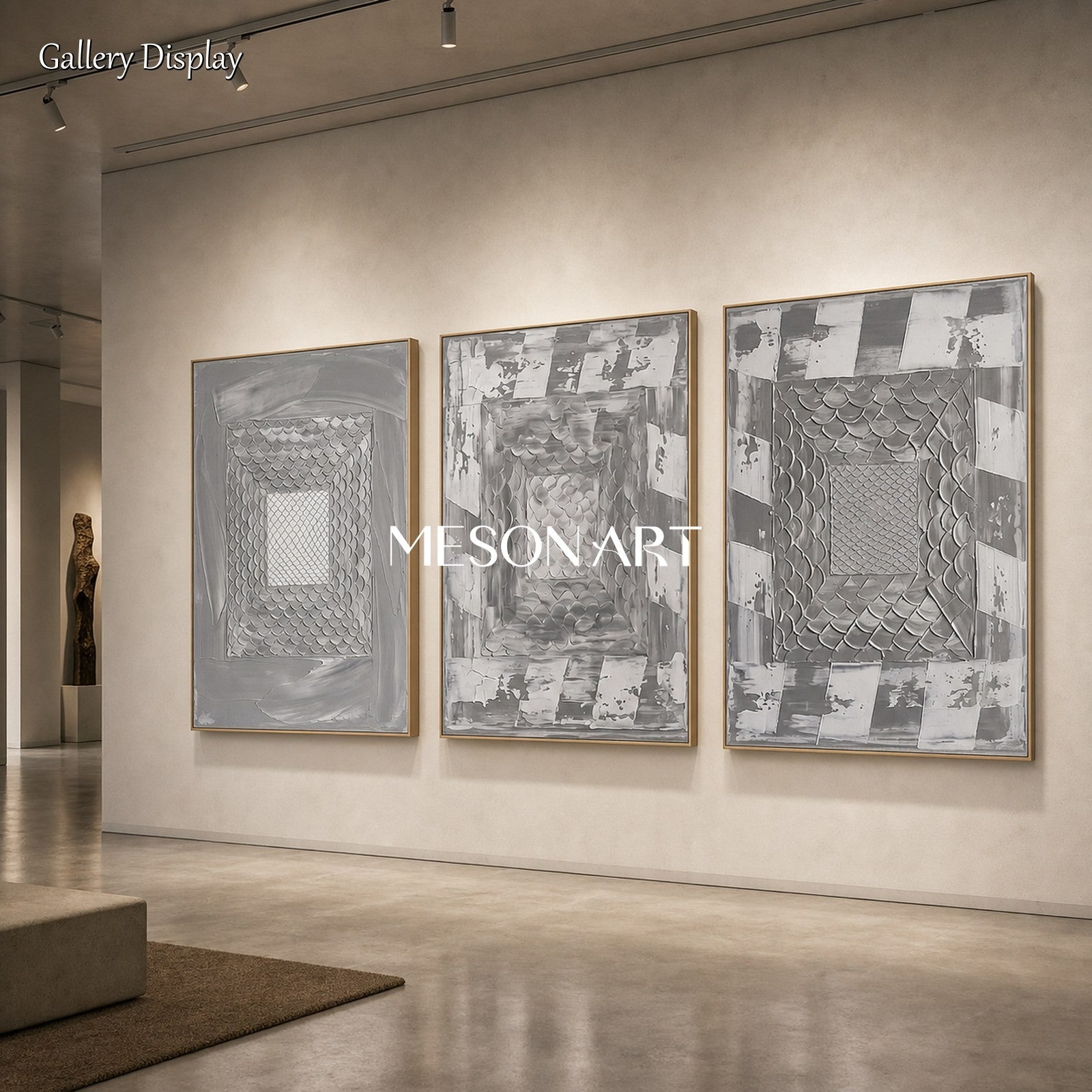 Gray Abstract Triptych With Textured Relief For Modern Living Room Decor